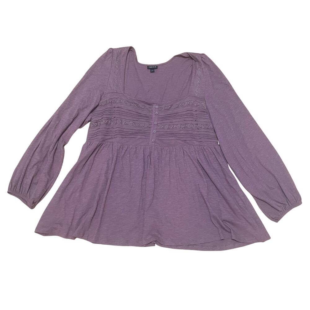 Torrid Womens Plus 1X Mauve Pink Lace Trim Pintuck Babydoll Top Long Puff Sleeve - Picture 2 of 6